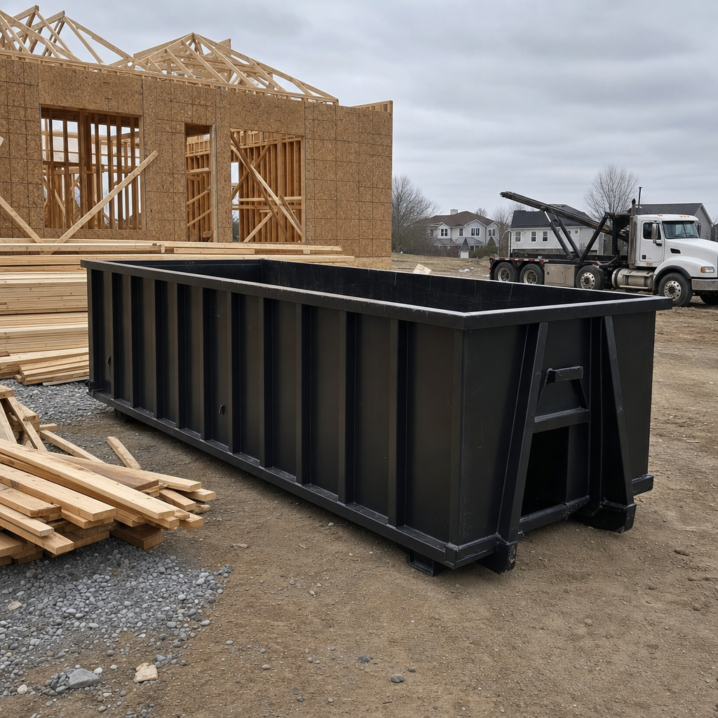 Matte-black 40-yard roll-off dumpster staged on a framed-out residential construction site in South San Francisco, framing lumber stacked nearby, hooklift delivery truck visible in the background under bright Colorado daylight