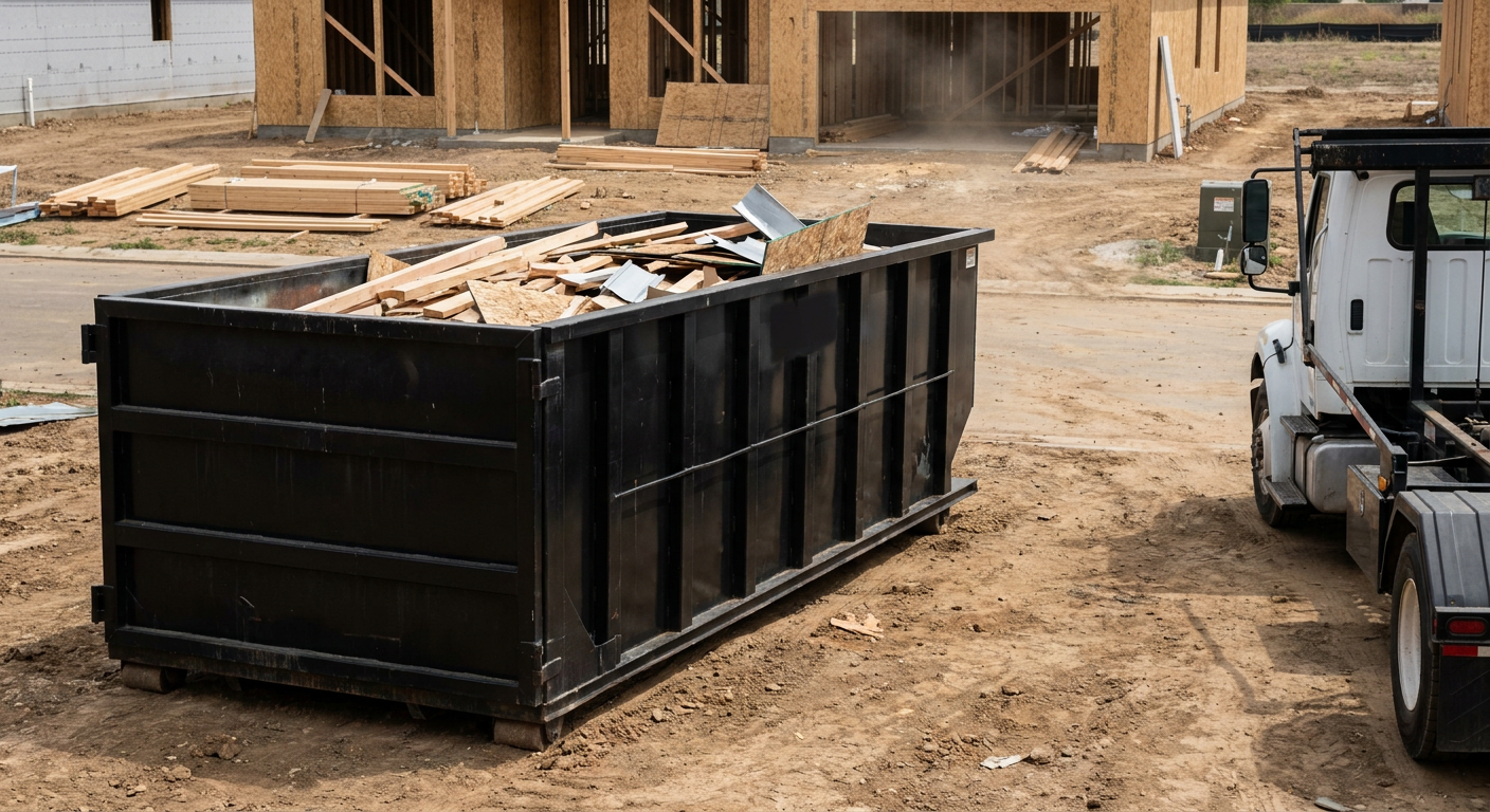 Matte-black 20-yard roll-off construction dumpster with heavy ribbed steel sidewalls and swing rear doors at a working jobsite in South San Francisco, sitting directly on compacted dirt with an unmarked white hauler partially visible at the far edge of the frame.