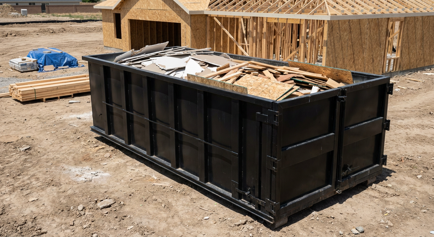 Matte-black 30-yard roll-off construction dumpster sitting directly on the compacted-dirt site of a framed single-family home build in South San Francisco, drywall and lumber scrap loaded inside.