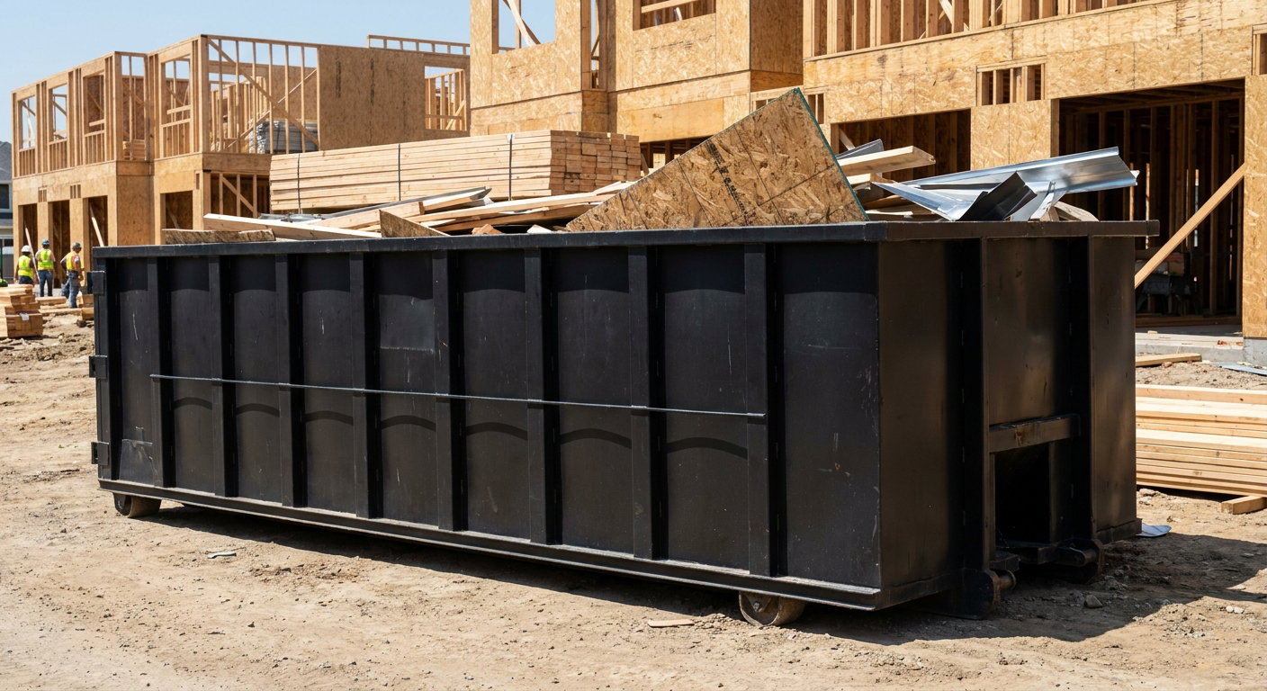 Matte-black 40-yard roll-off construction dumpster being lowered from a white-cab hooklift delivery truck onto the compacted-dirt jobsite at a commercial build site in South San Francisco