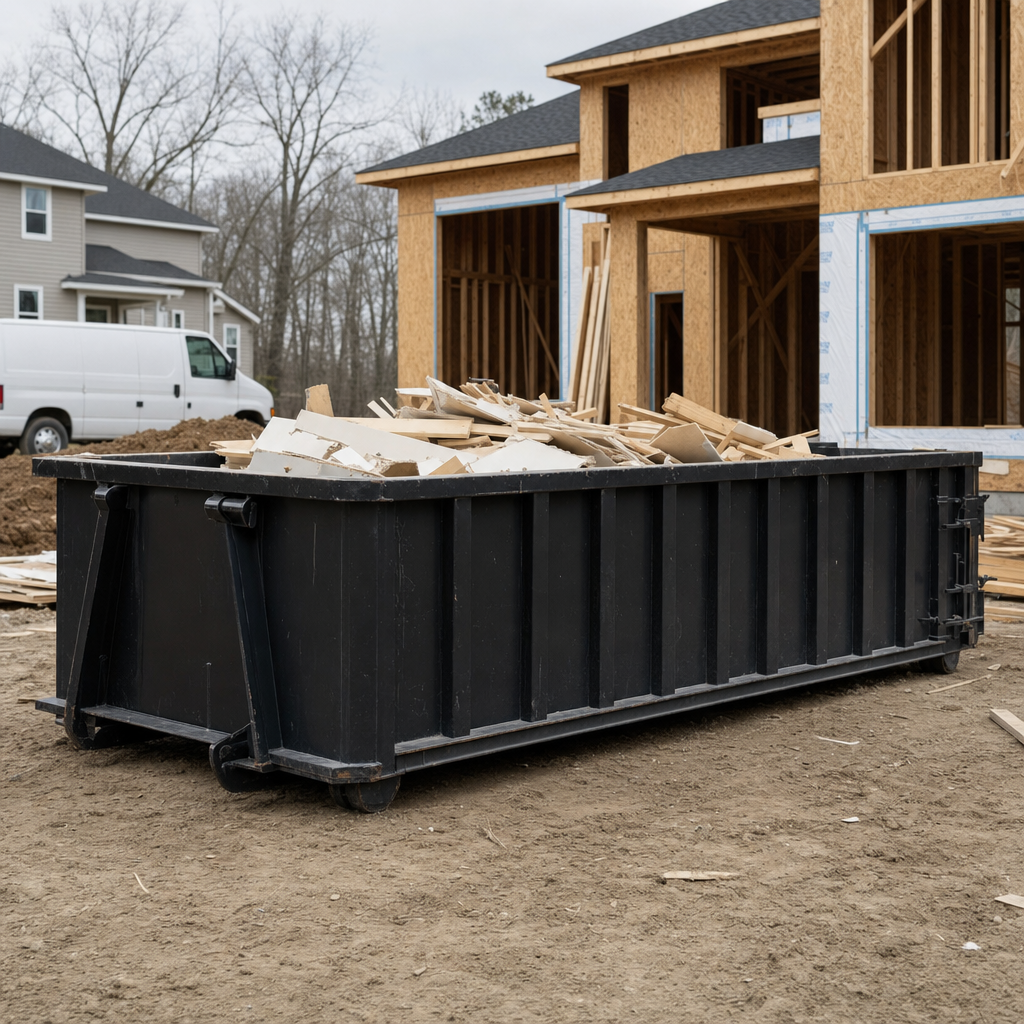 Worker in a yellow high-visibility vest tossing framing lumber and broken drywall into a matte-black 30-yard construction roll-off dumpster on an active build site in South San Francisco, bright daylight