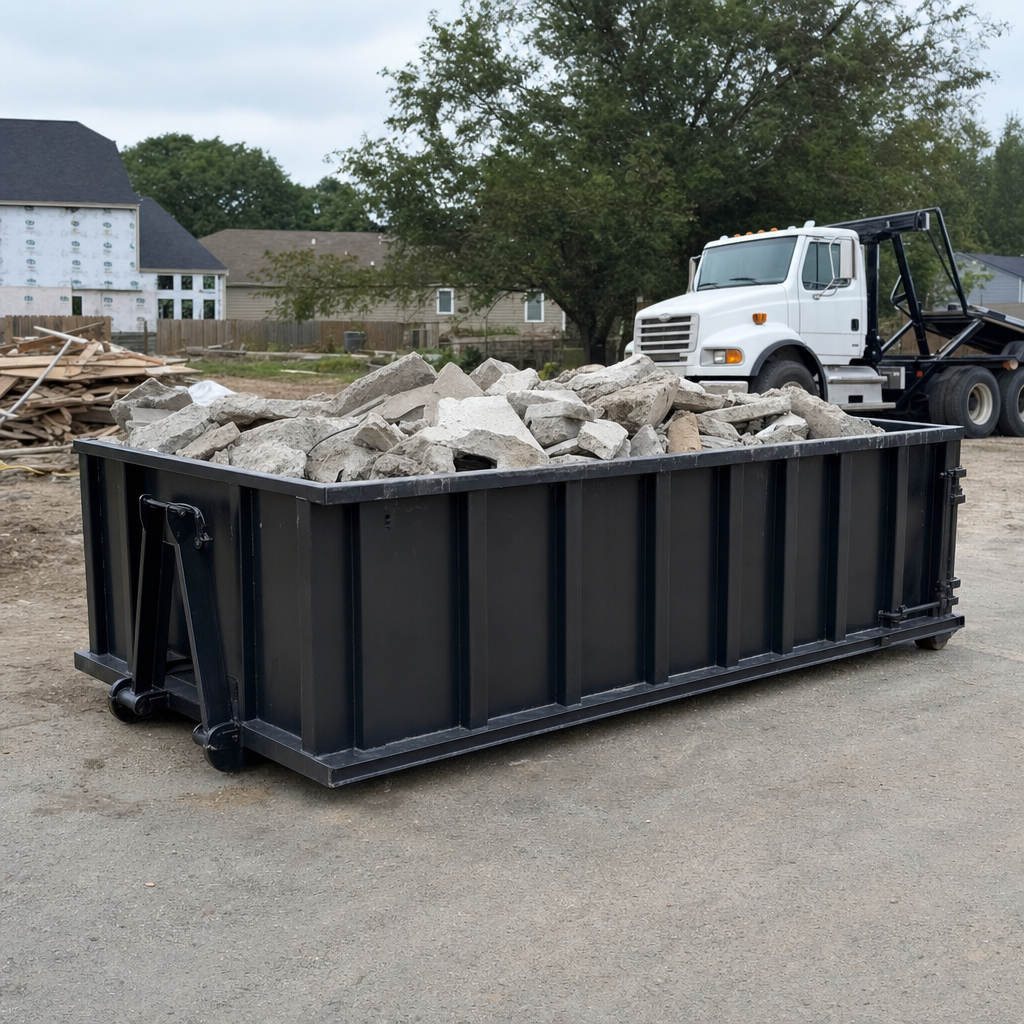 Low-profile matte-black lowboy roll-off dumpster loaded with broken concrete slab and rebar at a foundation tear-out in South San Francisco, skid steer parked beside it, sunny Colorado morning