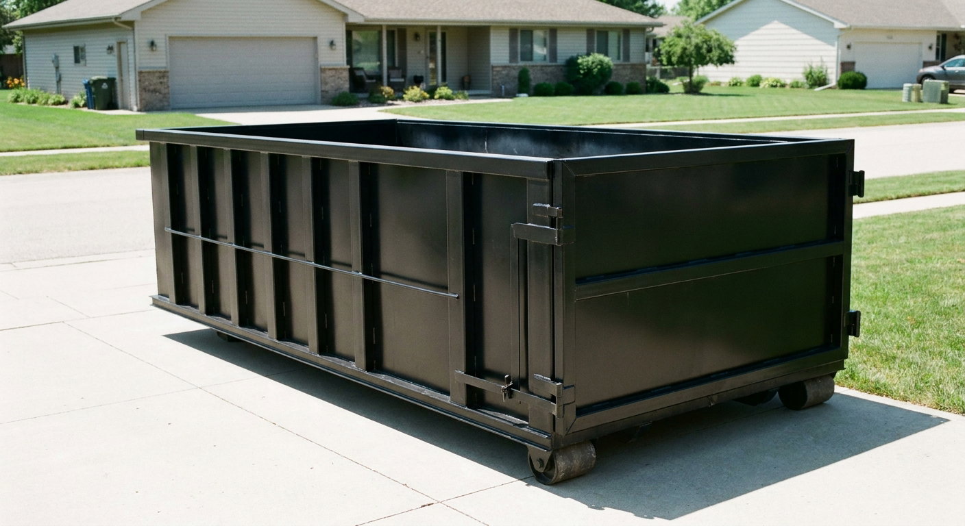 Matte-black 10-yard roll-off dumpster on a residential concrete driveway in South San Francisco, uniformly painted matte black across every panel and rail, ribbed steel sidewalls and rear swing door visible, mid-day daylight.