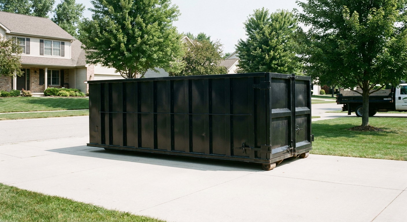 Matte-black 20-yard roll-off dumpster sitting level on a clean South San Francisco residential concrete driveway under bright daylight, demonstrating clean placement directly on the concrete.