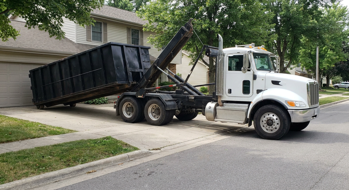 White-cab hooklift roll-off truck actively lowering a matte-black dumpster onto a South San Francisco residential concrete driveway, the dumpster's rear wheels touching the driveway as the hoist arm tilts the bed forward, mid-morning daylight.