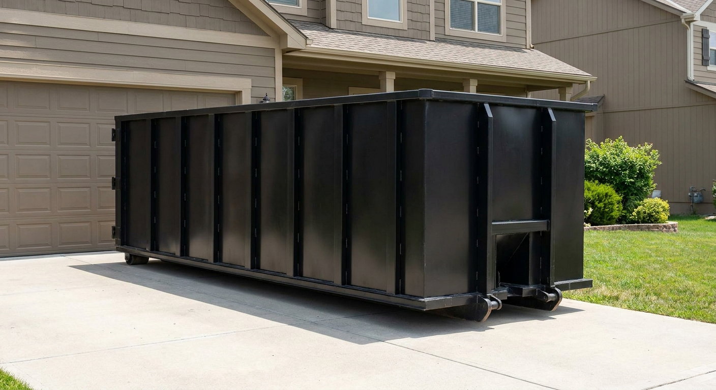 Matte-black residential roll-off dumpster sitting directly on a suburban South San Francisco concrete driveway, garage door closed, single-family home in background, bright morning daylight.