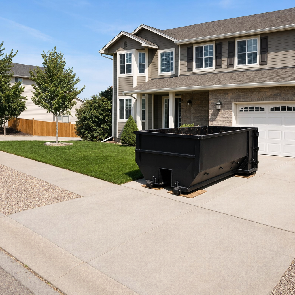 10-yard matte-black residential dumpster placed directly on a narrow South San Francisco concrete driveway, room remains for a parked sedan beside it, mid-morning natural light