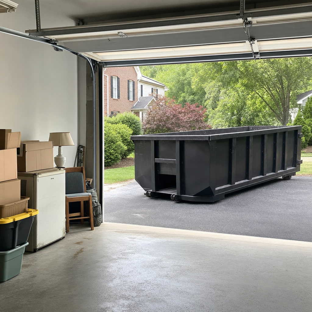 Open garage interior in a South San Francisco home mid-cleanout — boxed items, an old appliance, and stacked yard tools queued near the driveway for a matte-black roll-off dumpster, organized and calm