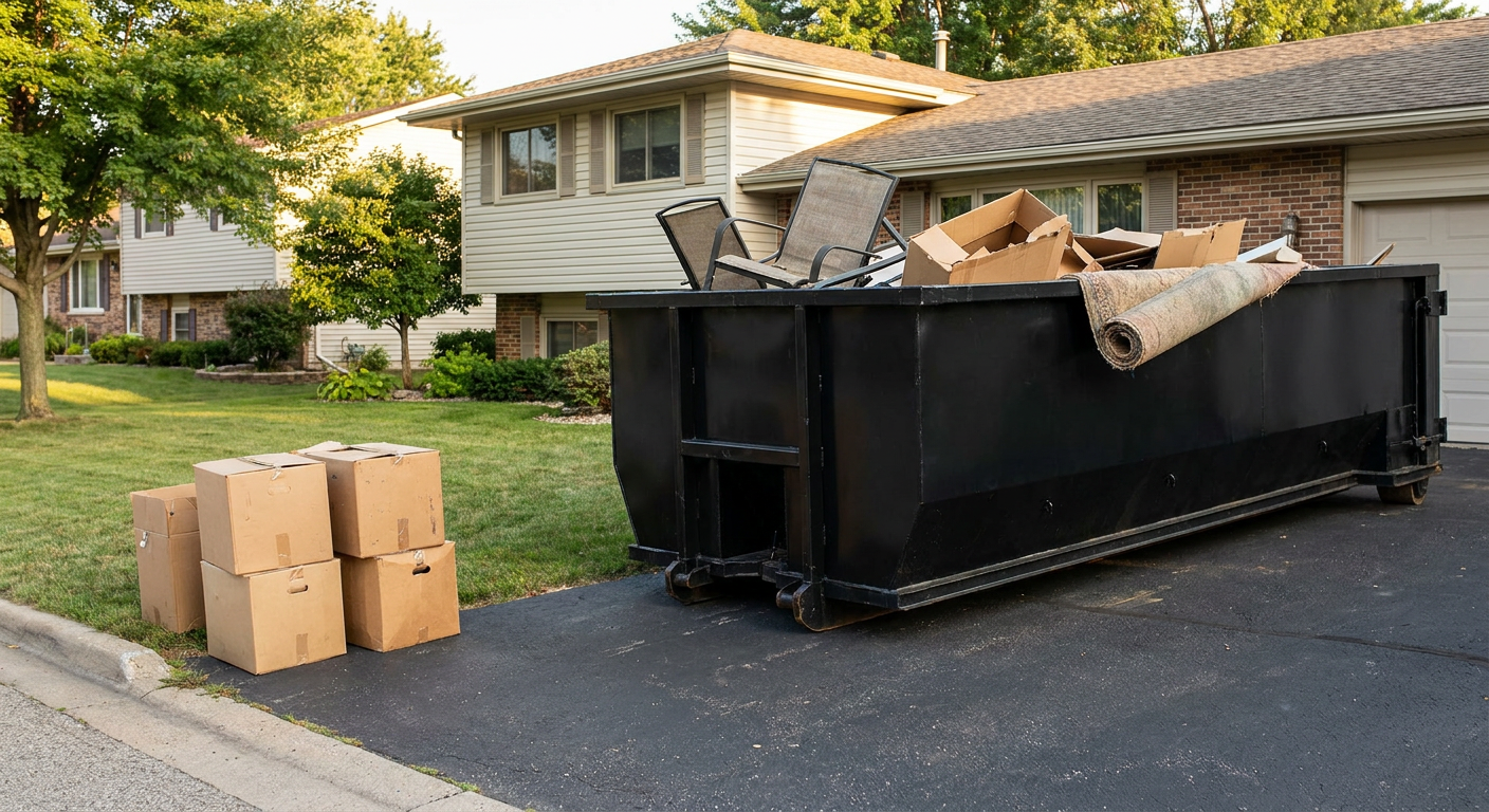 Front-yard view of a South San Francisco split-level home with a 20-yard matte-black roll-off dumpster sitting directly on the asphalt driveway, a few clearly labeled donation boxes staged at the curb, calm sunny afternoon.