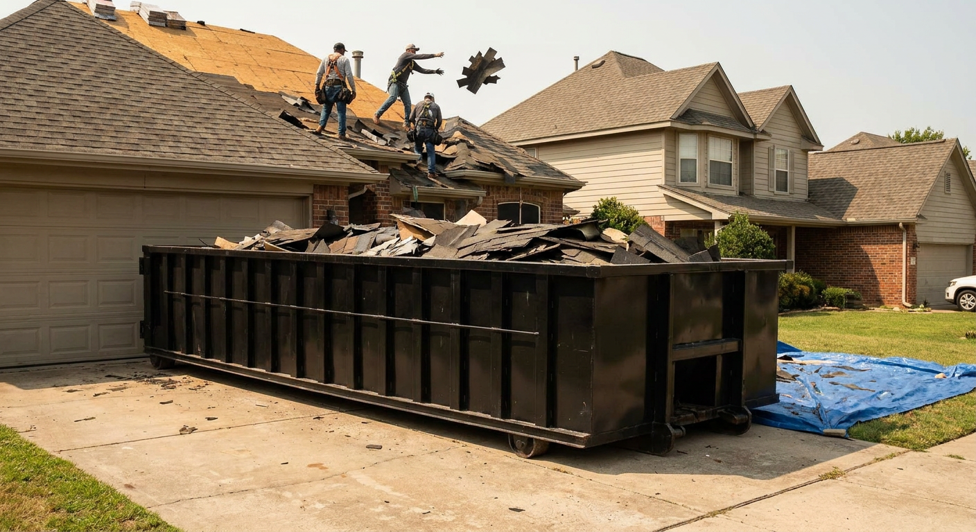 Matte-black roofing roll-off dumpster placed directly on a South San Francisco residential concrete driveway, a tear-off crew on a two-story asphalt-shingle roof tossing shingle bundles into the low-walled container, bright daylight, documentary 35mm perspective.