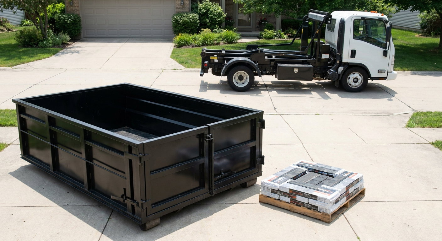 Matte-black 15-yard roofing roll-off dumpster with reinforced low side walls sitting directly on a South San Francisco residential concrete driveway, three-tab asphalt shingle bundles stacked nearby, an unmarked white hauler truck partially visible at the edge of the frame.