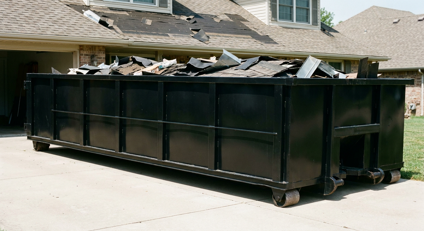 Matte-black 20-yard roofing roll-off dumpster with steel ribbed sides and swinging rear door, sitting directly on the concrete driveway of a two-story South San Francisco home, asphalt shingle debris being loaded over the low wall, clean documentary lighting.