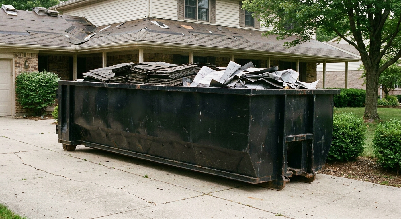 Matte-black 30-yard roofing roll-off dumpster sitting directly on a South San Francisco concrete driveway, taller ribbed steel side panels, mixed tear-off debris of asphalt shingles and underlayment inside, professional documentary daylight.