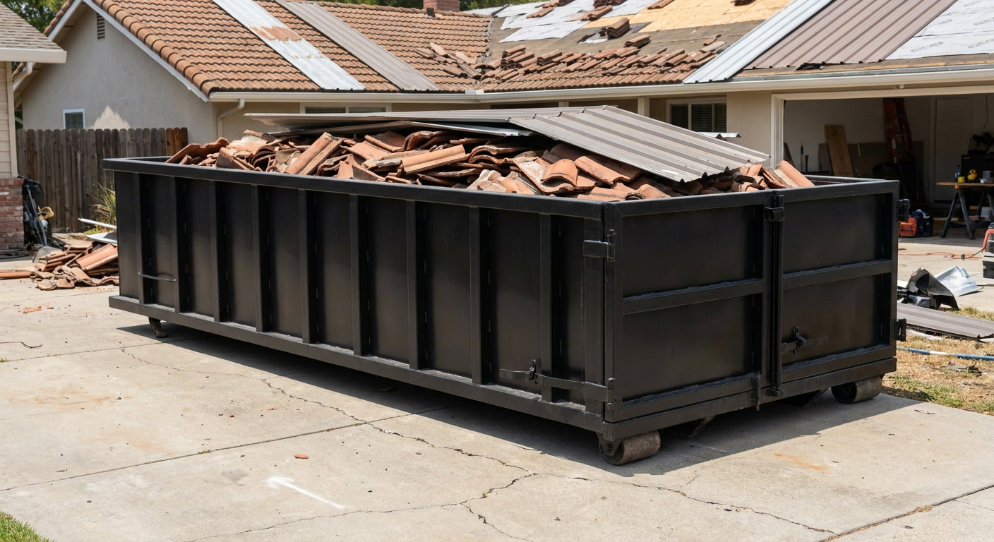 Matte-black low-wall heavy-debris roofing roll-off dumpster sitting directly on a South San Francisco concrete driveway, broken concrete clay roof tiles and metal panel sections loaded inside, reinforced ribbed steel side walls visible, bright outdoor daylight.