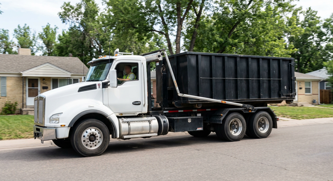 A wide documentary shot of a matte-black roll-off delivery truck pulling onto a quiet South San Francisco residential street at mid-morning, with neighborhood rooftops and tree-lined blocks visible behind, showing the metro coverage footprint.