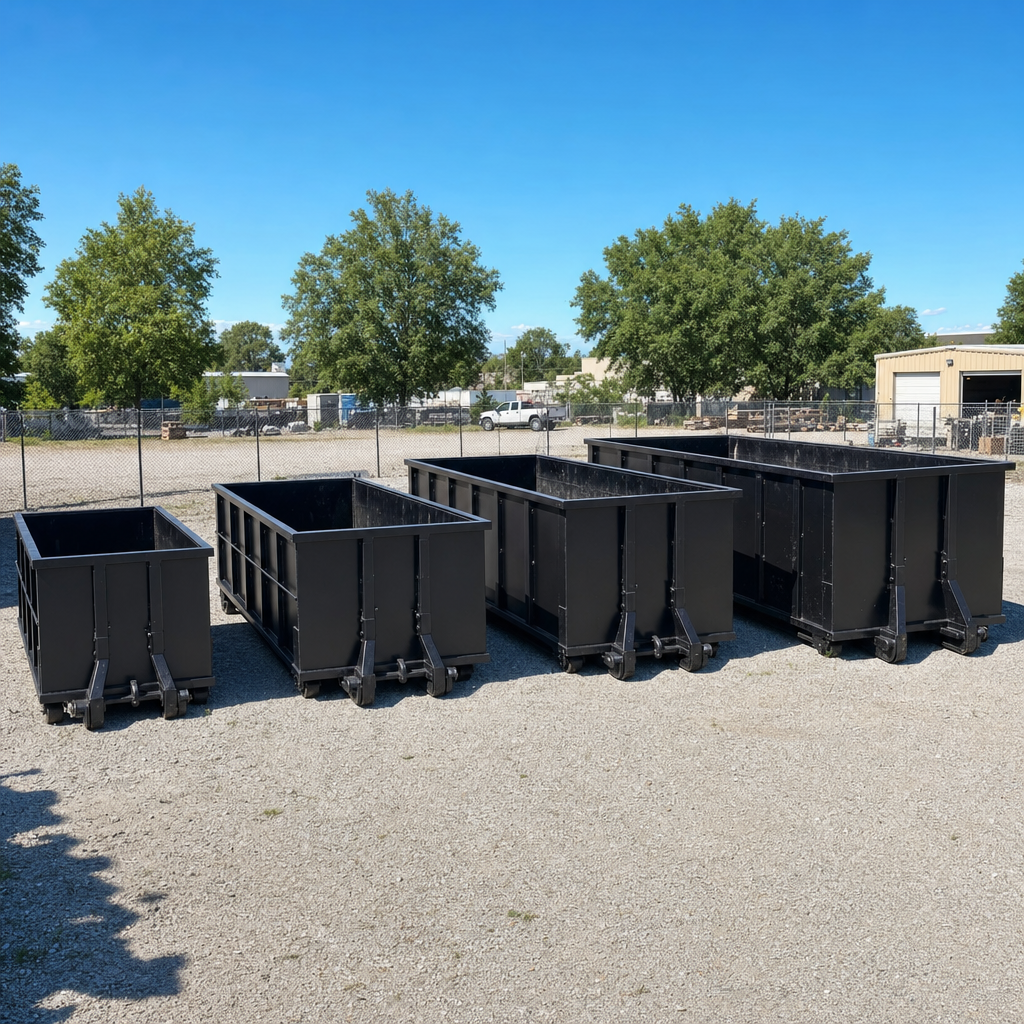 A clean lineup of matte-black roll-off dumpsters in 10, 20, 30, and 40-yard sizes staged on a sunlit gravel yard in South San Francisco, showing the size progression from compact to commercial-scale containers.
