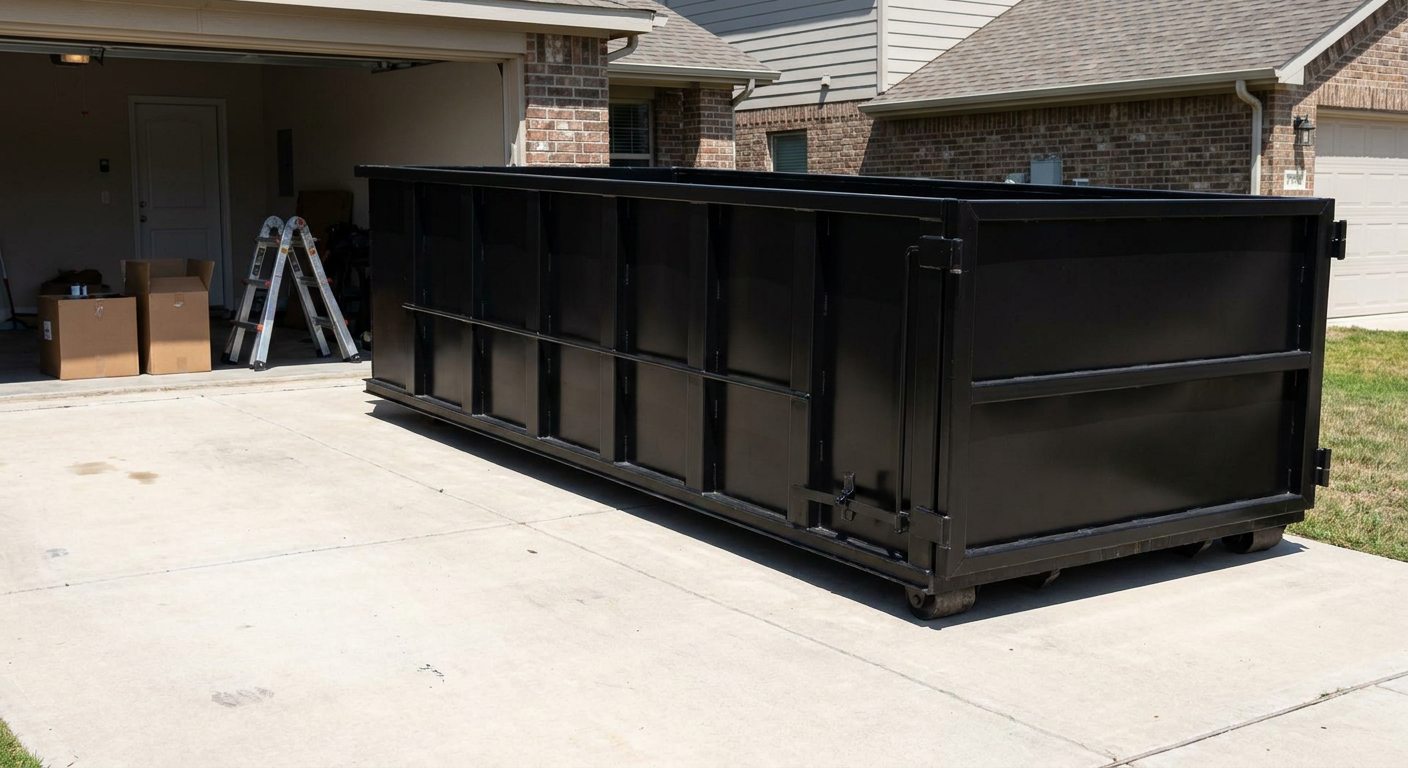A matte-black 10-yard roll-off dumpster sitting directly on a residential South San Francisco concrete driveway, mid-day sunlight, clean and ready for a garage cleanout.