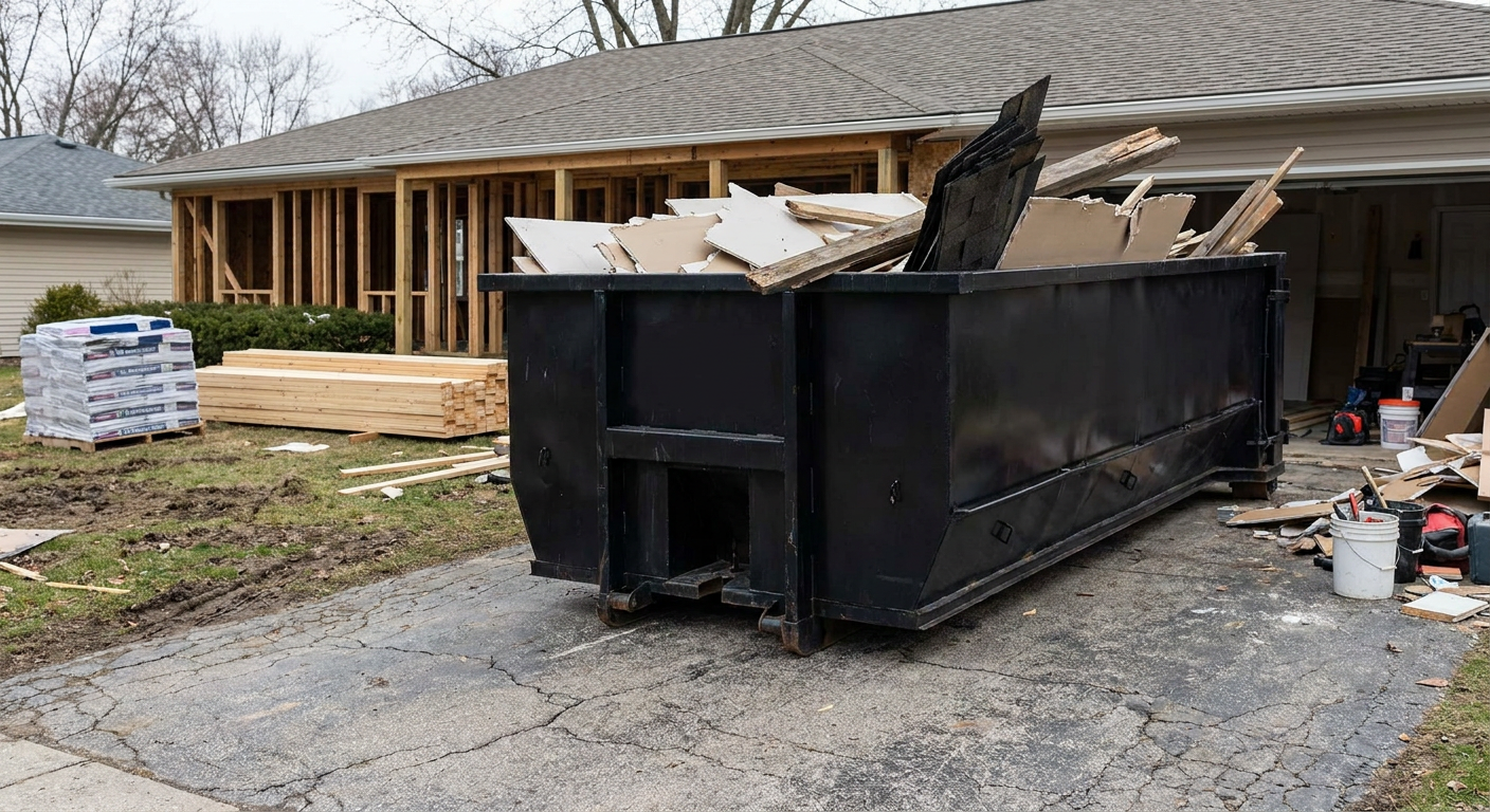 A matte-black 20-yard roll-off dumpster placed alongside a mid-renovation South San Francisco home directly on the asphalt driveway, with framing materials and torn-off shingles staged neatly nearby.