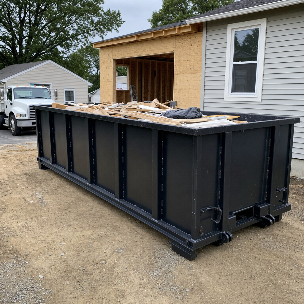 A matte-black 30-yard roll-off dumpster positioned at a South San Francisco residential addition jobsite, with framing lumber and drywall scraps loaded through the open swinging rear doors.