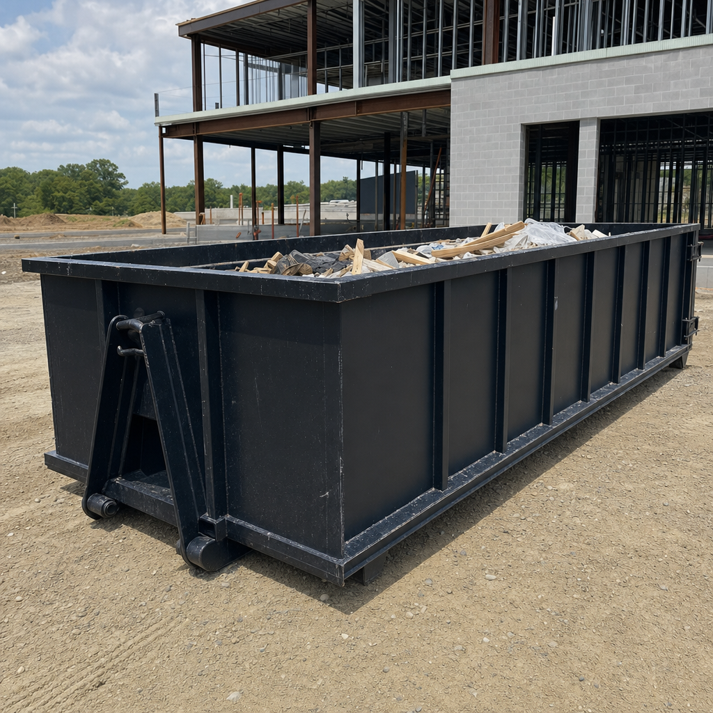 A matte-black 40-yard roll-off dumpster staged on a large South San Francisco commercial construction lot, with a hooklift delivery truck parked alongside under bright midday sky.