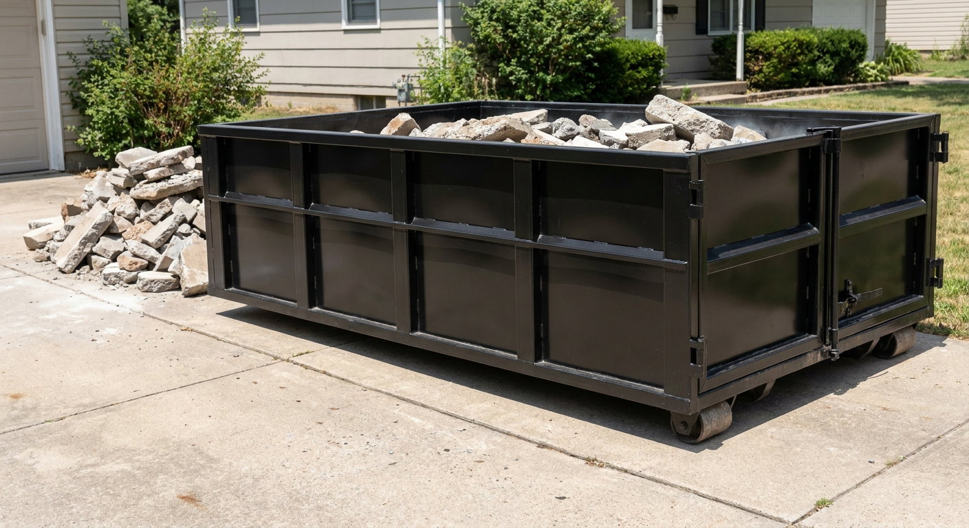 A matte-black low-side heavy-debris roll-off dumpster placed directly on a South San Francisco concrete driveway, with broken concrete chunks neatly stacked beside it under clean daylight.